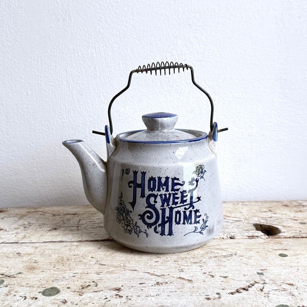 Vintage Home Sweet Home Ceramic Teapot Japan Blue Grey Speckled Stoneware